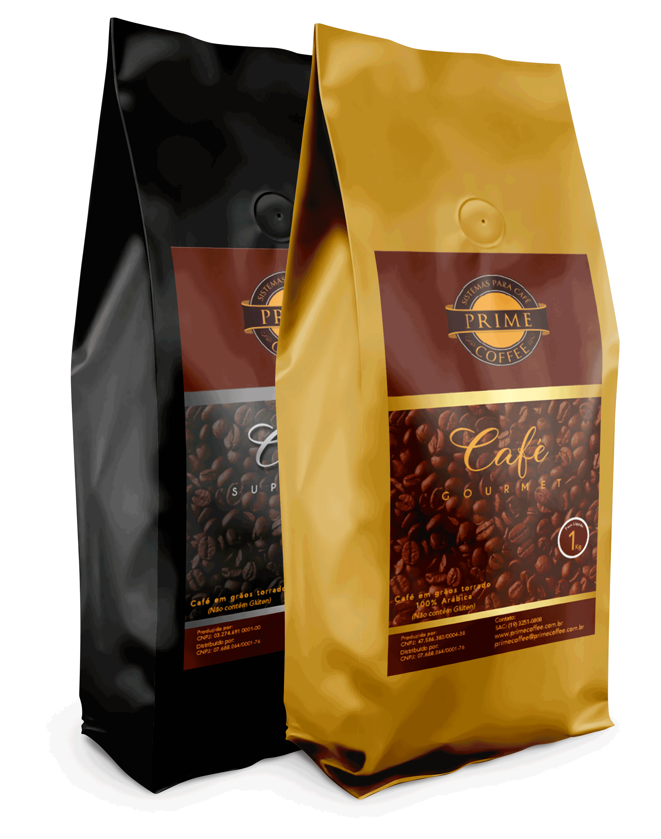 Dois pacotes de café preto e dourado da marca Prime Coffee