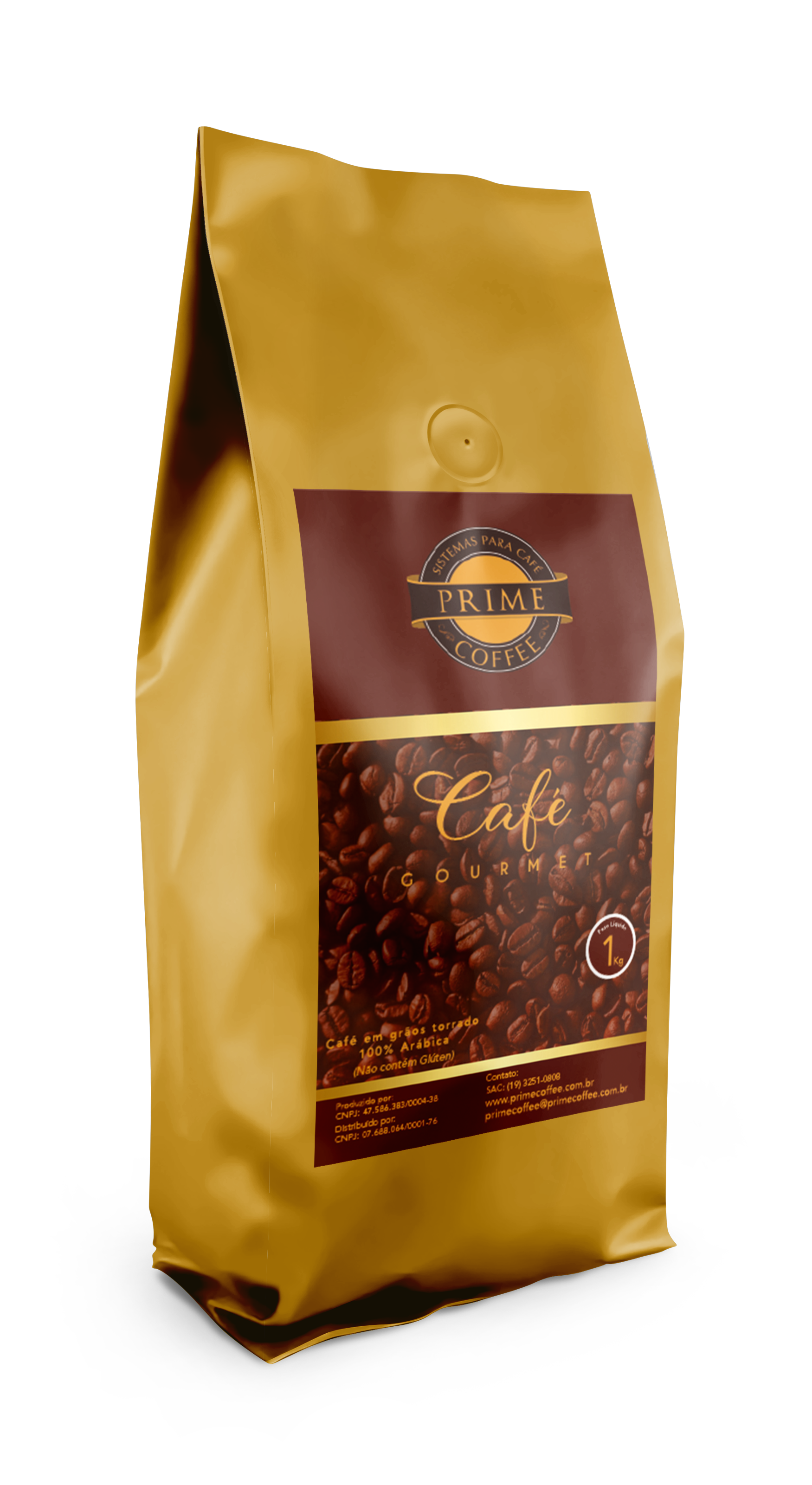 Pacote dourado de café em grãos torrado Gourmet Prime Coffee